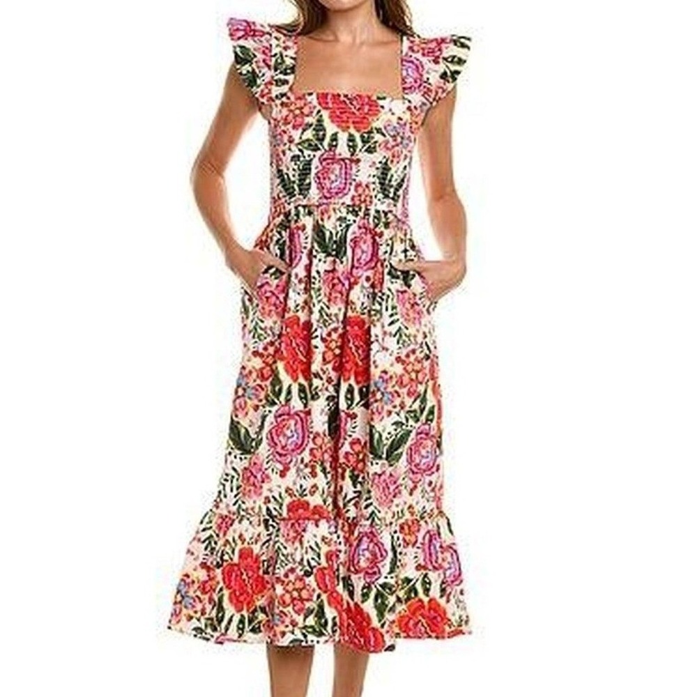 LEOTA Womens Ivanna ruffled strap Midi Maxi tiered poplin sun dress shirred top